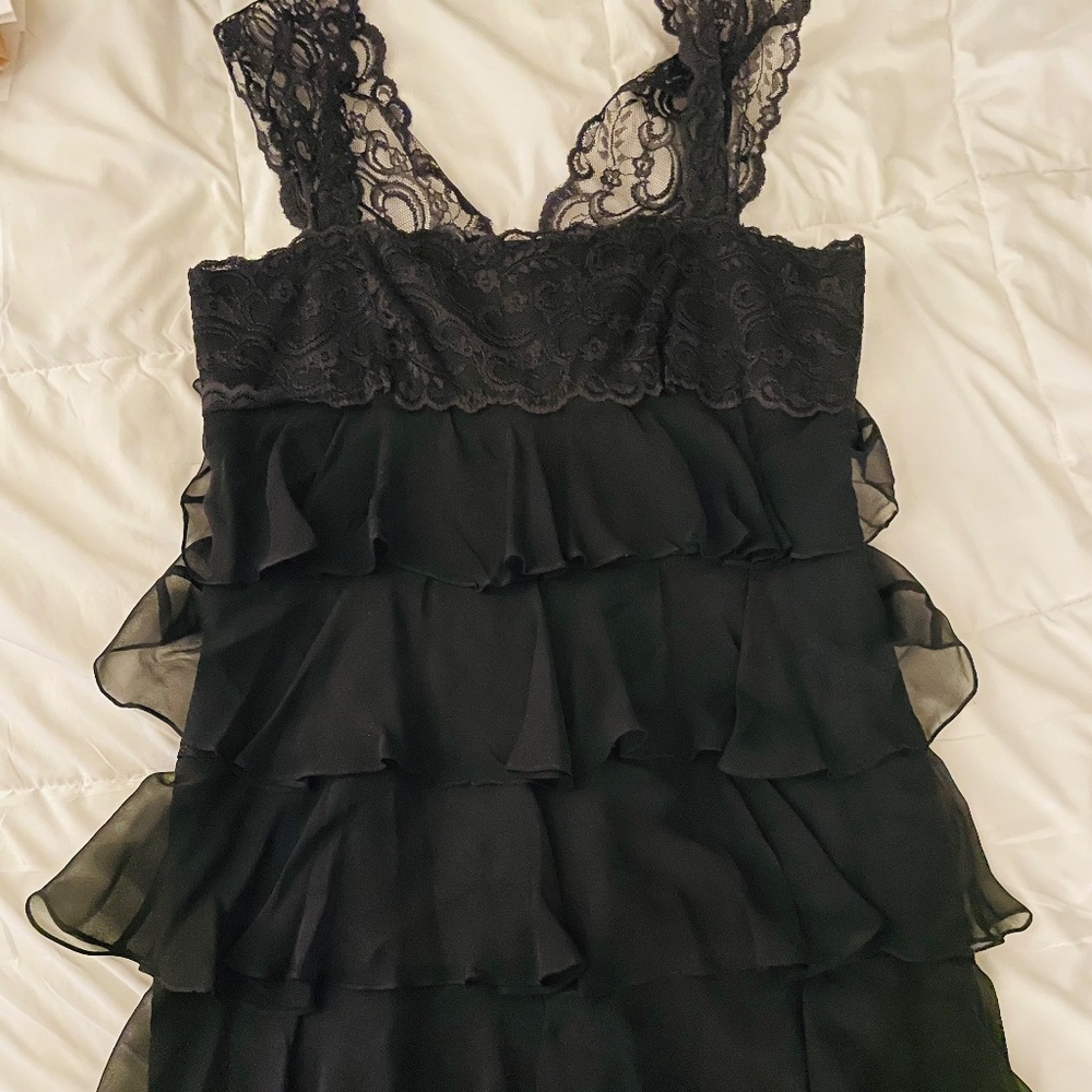 Last call before I donate -Black ruffle and lace marchesa cocktail dress size 10